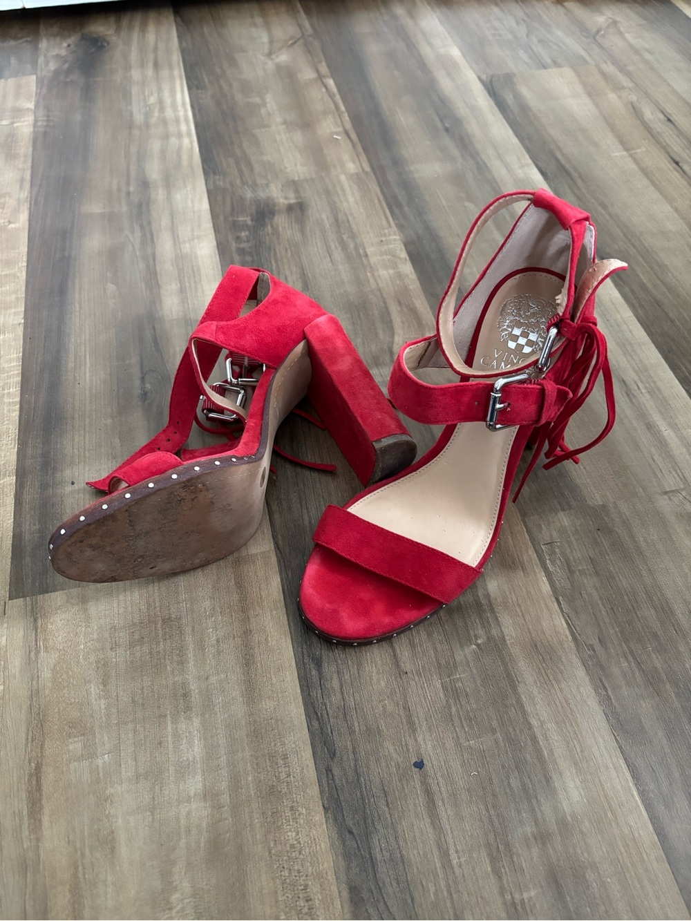 Vince Camuto Red Suede Block Heel Sandals with Ankle Tie
